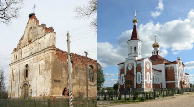 Руины костела и востановленная церковь